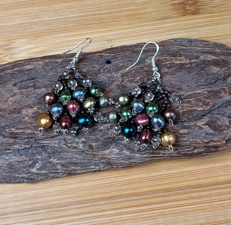 Earrings Jewel Tone Pearls Woven with Smoky Crystals and Japanese Seed Beads image 4