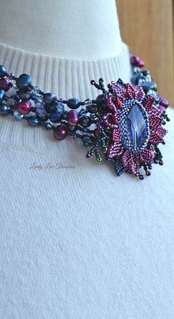 Lotus Flower Pendant on Dark Pink and Gray Pearl and Crystal 6-Strand Necklace with Swarovski & Pearl Chandelier Earring, Beaded Jewelry Set