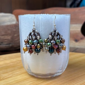 Earrings Jewel Tone Pearls Woven with Smoky Crystals and Japanese Seed Beads image 1