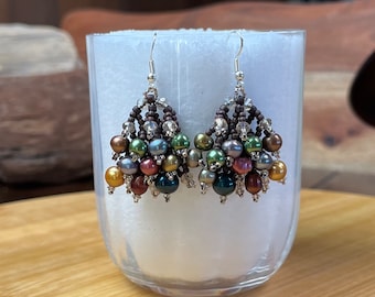 Earrings Jewel Tone Pearls Woven with Smoky Crystals and Japanese Seed Beads