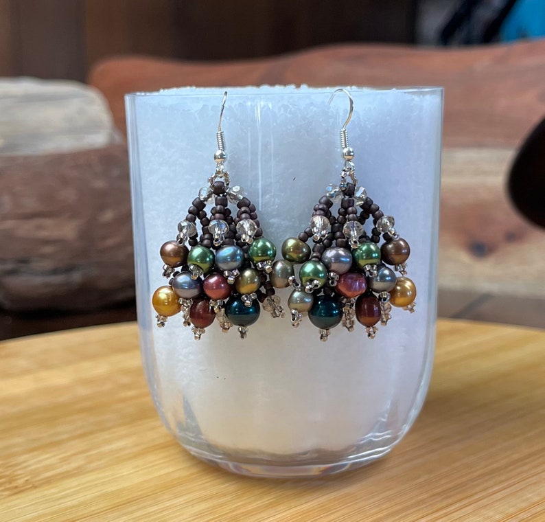 Earrings Jewel Tone Pearls Woven with Smoky Crystals and Japanese Seed Beads image 1