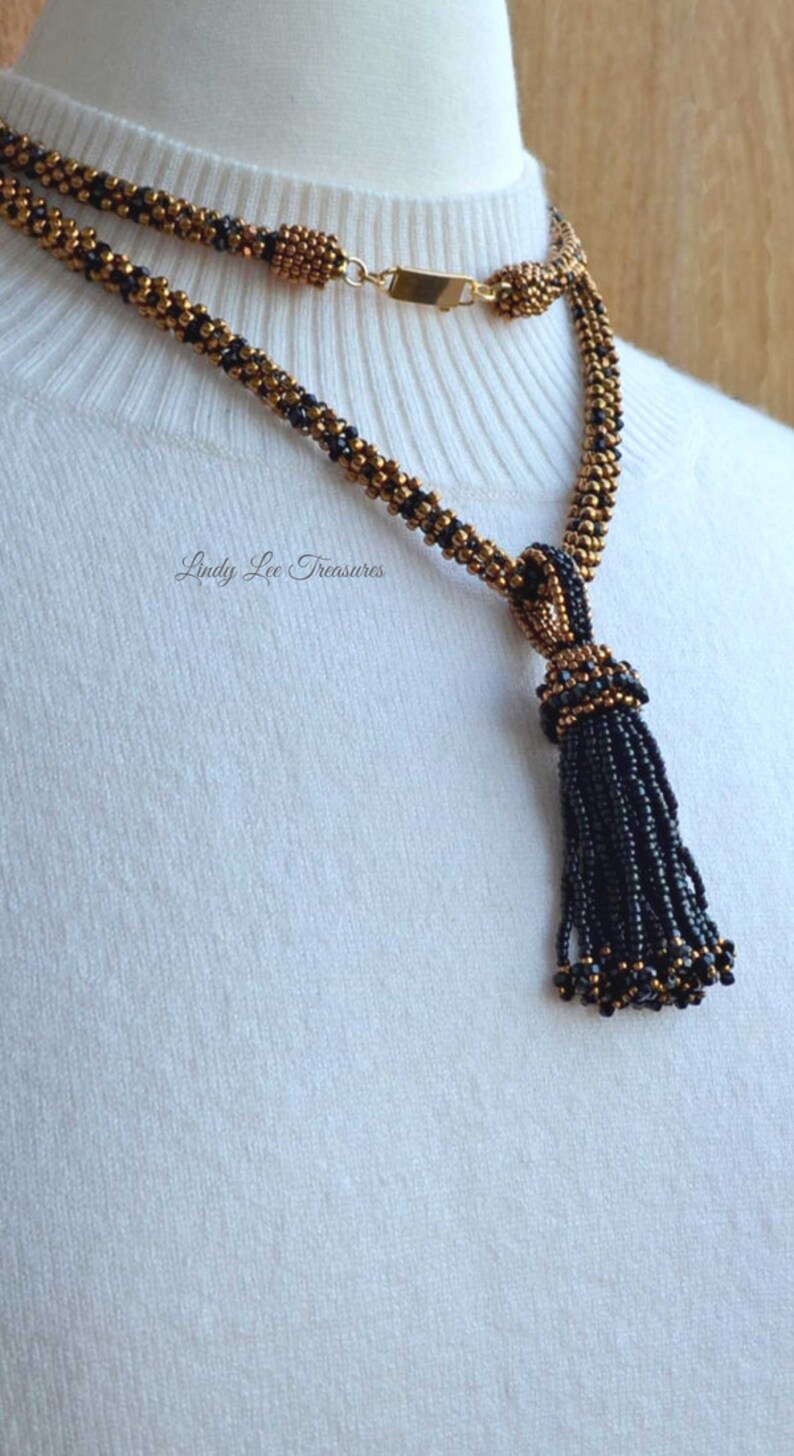 Elegant Bronze and Black Necklace with Tassel Pendant and Earrings Crystals and Seed Bead Woven Long Necklace Handmade Hoop Earrings