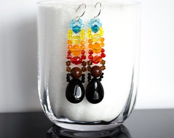 Gemstone Earring Black Onyx Mahogany Obsidian Vibrant Crystals Ombré Sunrise Theme Earring Black Brown Red Orange Yellow Blue Earrings