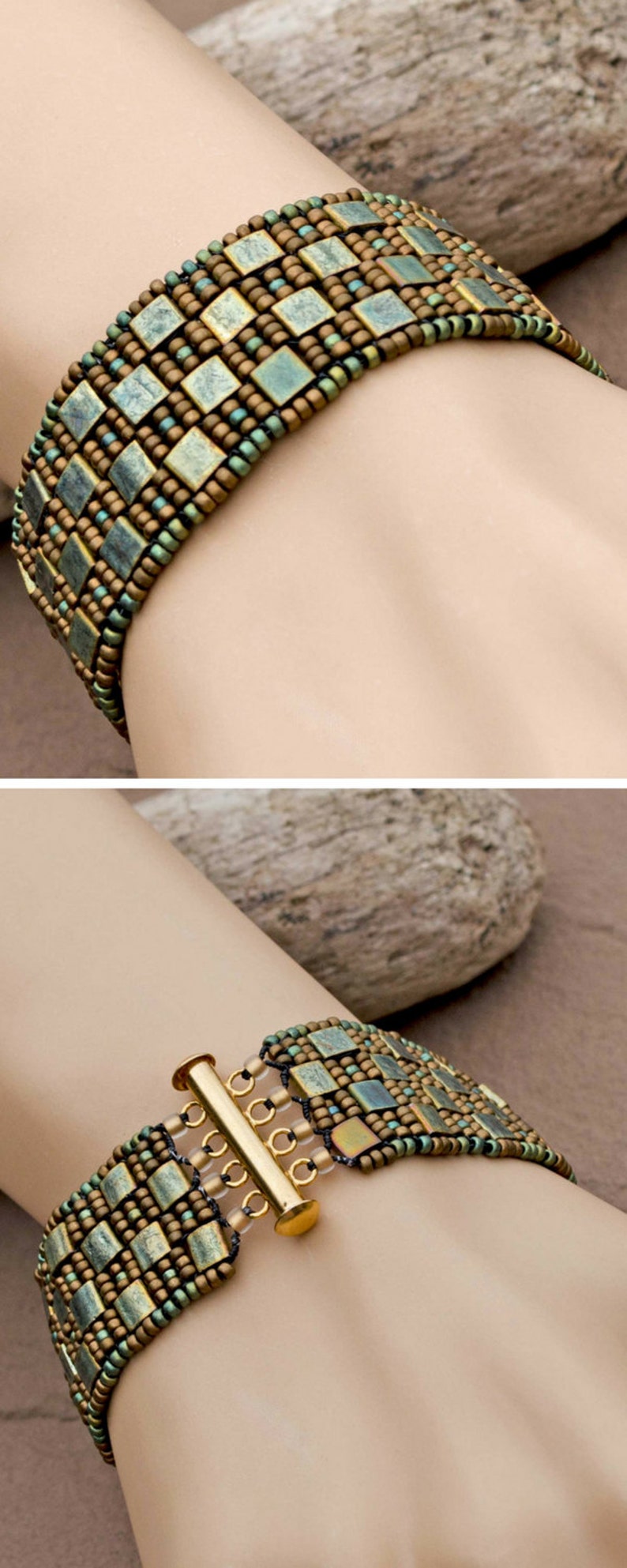 Metallic Patina and Bronze Art Glass Flexible Cuff Beadwork Bracelet Modestly Beautiful! Hand Woven Bracelet Checkerboard Cuff
