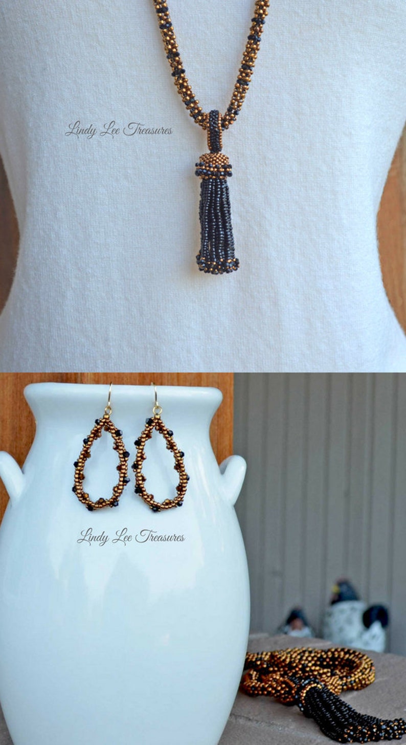 Elegant Bronze and Black Necklace with Tassel Pendant and Earrings Crystals and Seed Bead Woven Long Necklace Handmade Hoop Earrings