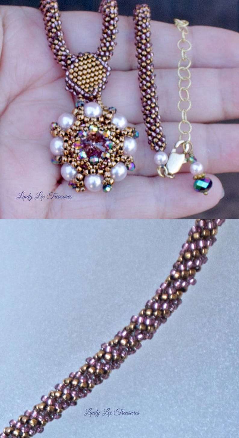 Swarovski Crystal Pendant with Pink Pearls and Bronze Seed Beads, Handwoven Chain Rose Pink and Bronze Beads, Adjustable Length Choker image 5