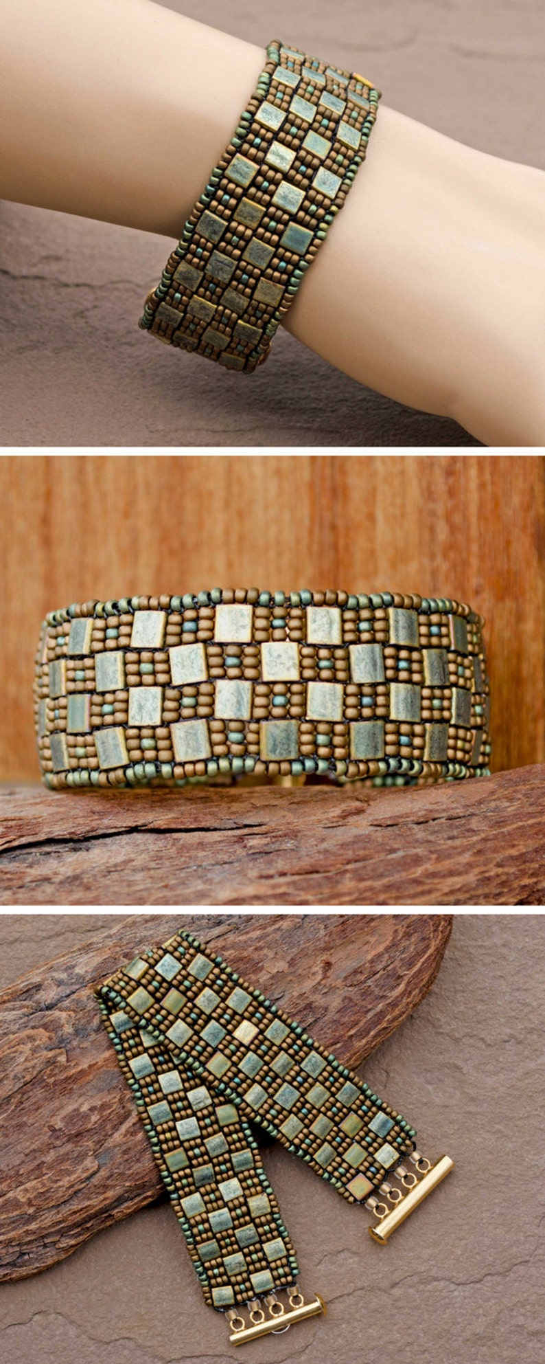 Metallic Patina and Bronze Art Glass Flexible Cuff Beadwork Bracelet Modestly Beautiful! Hand Woven Bracelet Checkerboard Cuff