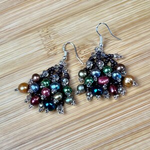 Earrings Jewel Tone Pearls Woven with Smoky Crystals and Japanese Seed Beads image 3