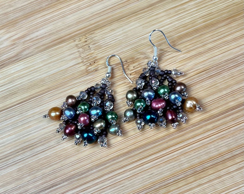 Earrings Jewel Tone Pearls Woven with Smoky Crystals and Japanese Seed Beads image 3