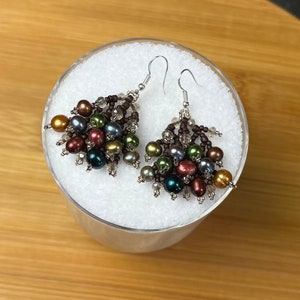 Earrings Jewel Tone Pearls Woven with Smoky Crystals and Japanese Seed Beads image 2
