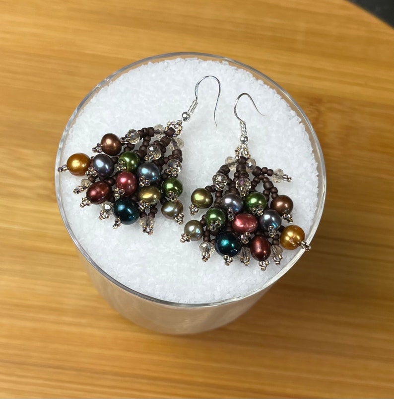 Earrings Jewel Tone Pearls Woven with Smoky Crystals and Japanese Seed Beads image 2