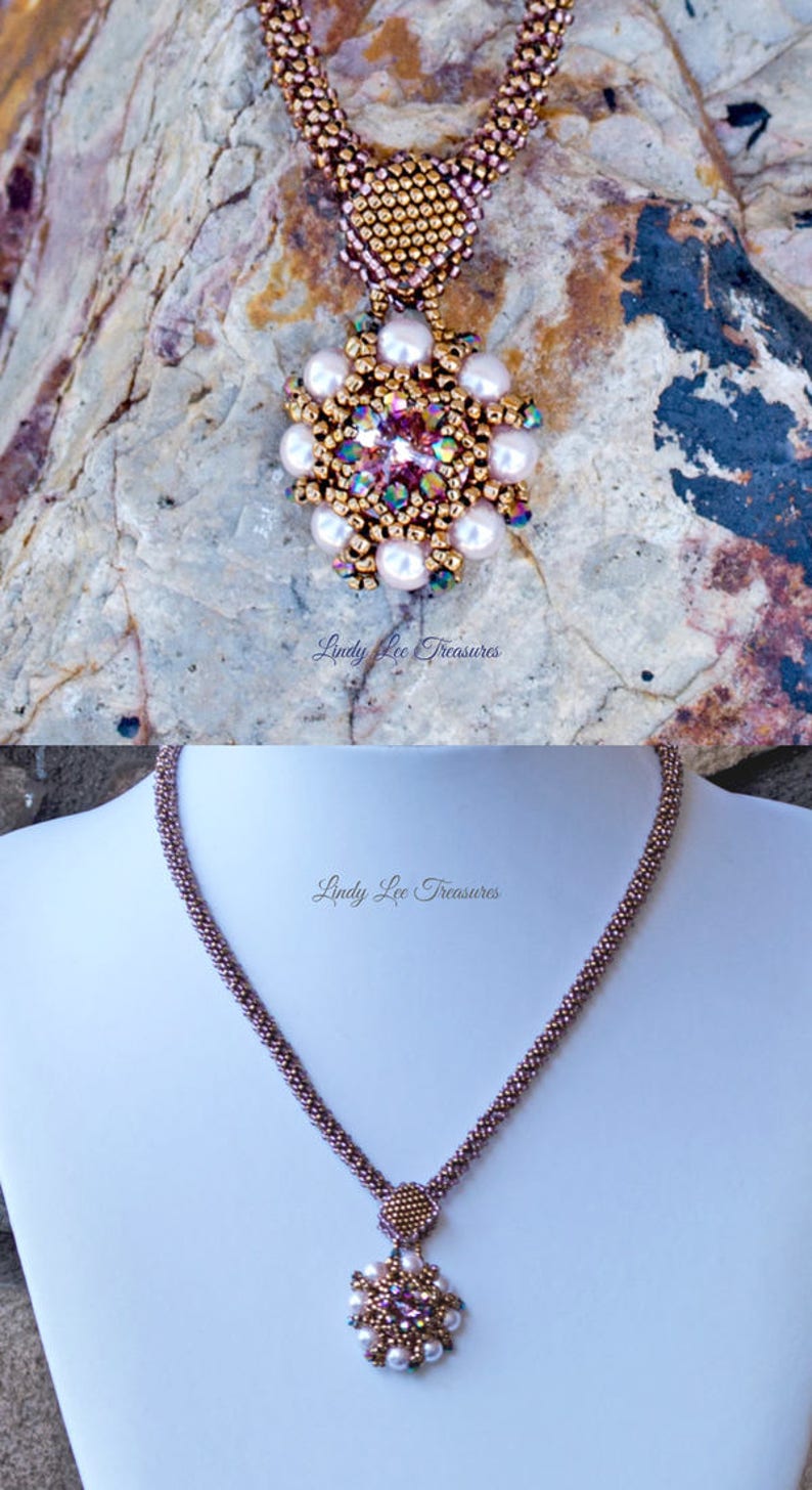 Swarovski Crystal Pendant with Pink Pearls and Bronze Seed Beads, Handwoven Chain Rose Pink and Bronze Beads, Adjustable Length Choker image 3