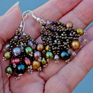 Earrings Jewel Tone Pearls Woven with Smoky Crystals and Japanese Seed Beads image 6