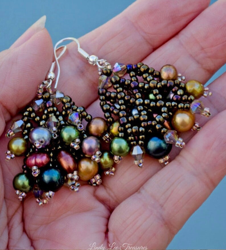 Earrings Jewel Tone Pearls Woven with Smoky Crystals and Japanese Seed Beads image 6