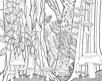 Forest Floor 1 (2022) Download digitale, disegno a inchiostro, pagina da colorare, arte in bianco e nero