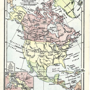 vintage Map 1970's Book Print, North America and Canada, Double Sided