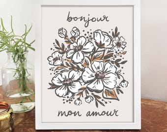 Bonjour Mon Amour Floral Art Print 8x10