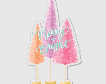 Bottle Brush Trees Merry and Bright Clear Christmas Holiday Sticker PVC-Free