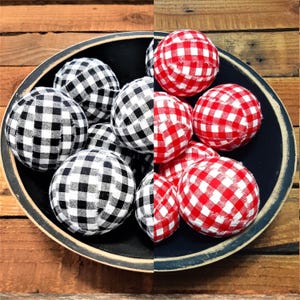 Fabric Rag Balls, Buffalo Check Farmhouse Bowl Fillers, Tiered Tray Decor
