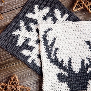 Christmas Potholder Crochet Pattern Hot Pad Tapestry Crochet Pattern Reindeer & Snowflake image 1