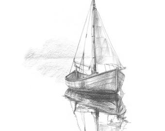May include: A pencil sketch of a sailboat on calm water. The boat is depicted with a mast and sail, and its reflection is visible in the water below. The artwork is in black and white.