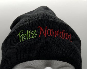 Black Feliz Navidad embroidered beanie winter hat