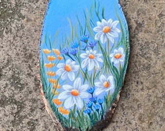 Wild flower painting, wooden wall decor, cottagecore artwork, oval wood slice ,