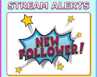 May include: A cartoon-style animated alert for a new follower on a streaming platform. The alert features a blue speech bubble with the text "NEW FOLLOWER!" in a pink font. The speech bubble is surrounded by yellow stars with white outlines.
