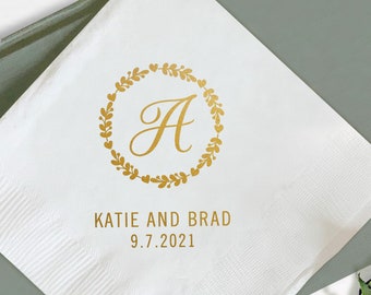 Floral Wreath Wedding Napkins, Personalized Wedding Napkins, Custom Wedding Napkins, Personalized Wedding Napkin Favors, Napkin Favor (358)