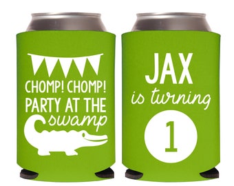 Boy's First Birthday Party Can Coolers, 1st Birthday Can Coolers, Alligator Themed Birthay Party, Turning One Birthday Beer Can Coolers (83)