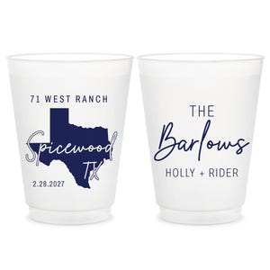 Frosted Texas Wedding Cups, Custom State Map Plastic Cup Favors, Texas Reception Cups with Names and Date, Lone Star Wedding Favors (635)