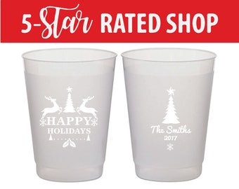 Happy Holidays Frosted Plastic Cups, Christmas Holiday Cups, Holiday Party Plastic Cup for Beer, Christmas Party Favors, Christmas Cup (125)