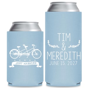 Personalized Can Coolers, Vintage Personalized Can Cooler, Rustic Personalized Beer Insulator, Tandem Bicycle Personalized Wedding Favor (3)