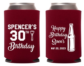 30th Birthday Can Coolers, Custom Birthday Can Cooler Favor, Custom Happy Birthday Beer Hugger, Personalized Birthday Can Cooler Favor (474)