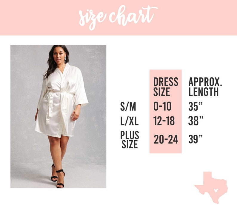 May include: A white satin robe with a sash tie and 3/4 sleeves. The size chart shows dress sizes 0-10, 12-18, and 20-24 with corresponding approximate lengths of 35 inches, 38 inches, and 39 inches.