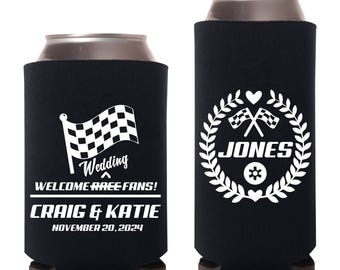 Race Themed Wedding Can Coolers, Welcome Wedding Fans Can Cooler Wedding Favors, Personalized Wedding Can Coolers, Beer Hugger Favors (513)