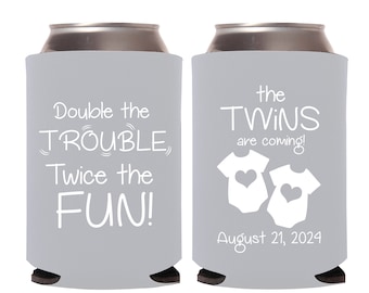 Personalized Baby Shower Can Coolers, Twins Baby Shower Can Cooler Favor, Double Trouble Baby Shower, Baby Shower Favors For Twins, Twin 159