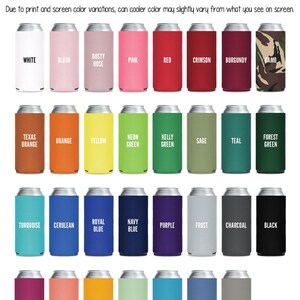 a collection of colorful beverage coolers, each with a different color and label, arranged in a grid format.