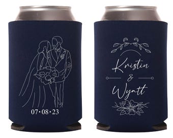 Custom Couple Line Art Can Cooler Favors, Personalized Wedding Beer Hugger Favors, Customized Can Cooler Wedding Favors, Stubby Holder (486)