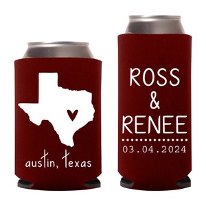 State Wedding Koozies, Wedding Favors for Texas Wedding, Any State Wedding Favor Custom Can Coolers, Wedding Favor, Personalized Coolies 5 image 1