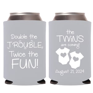 Personalized Baby Shower Can Coolers, Twins Baby Shower Can Cooler Favor, Double Trouble Baby Shower, Baby Shower Favors For Twins, Twin 159
