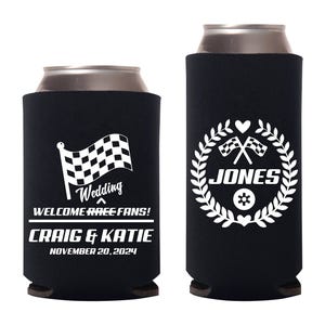 Race Themed Wedding Can Coolers, Welcome Wedding Fans Can Cooler Wedding Favors, Personalized Wedding Can Coolers, Beer Hugger Favors (513)
