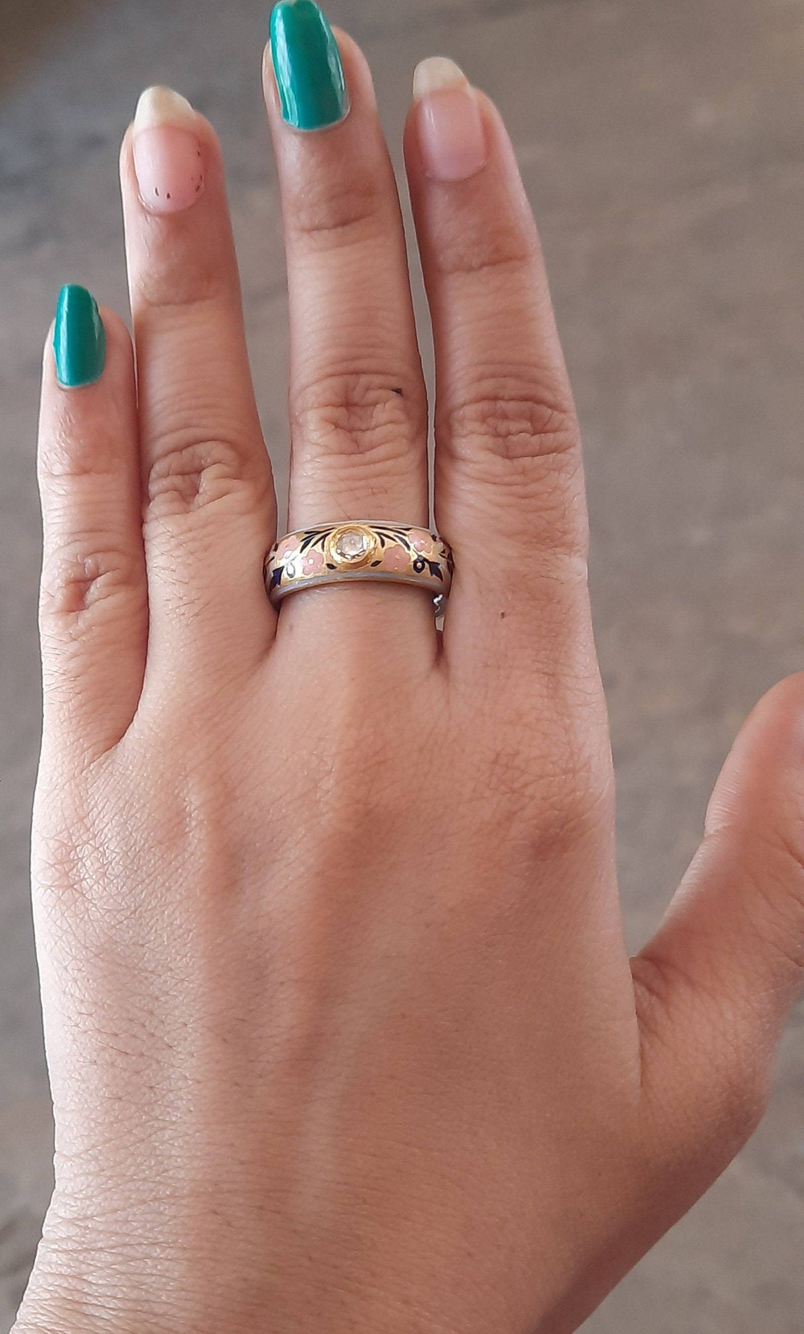 Solid Gold 22K Band Ring With Blue Tanzanite Enamel Hand Painted Ring ...