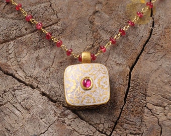 Solid Gold 22K Pendant  with ruby stone blue and white Enamel meenakari jewelry reversable pendant on Spinal beads knoted in 18k gold wire