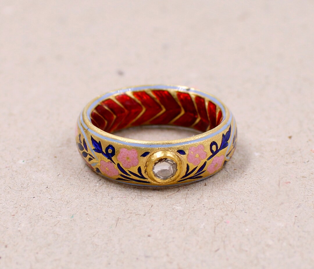 Solid Gold 22K Band Ring With Blue Tanzanite Enamel Hand Painted Ring ...