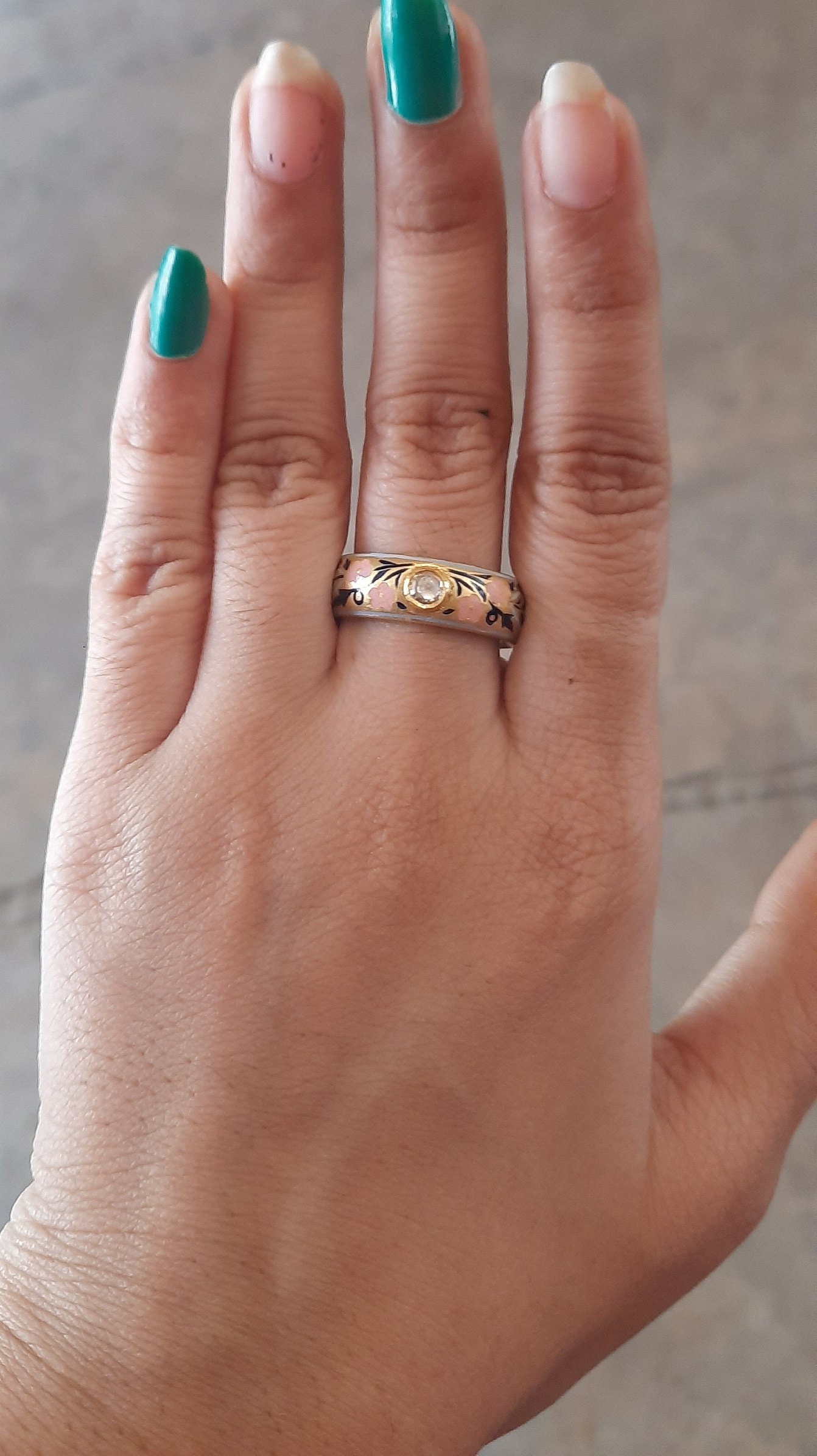 Solid Gold 22K Band Ring With Blue Tanzanite Enamel Hand Painted Ring ...