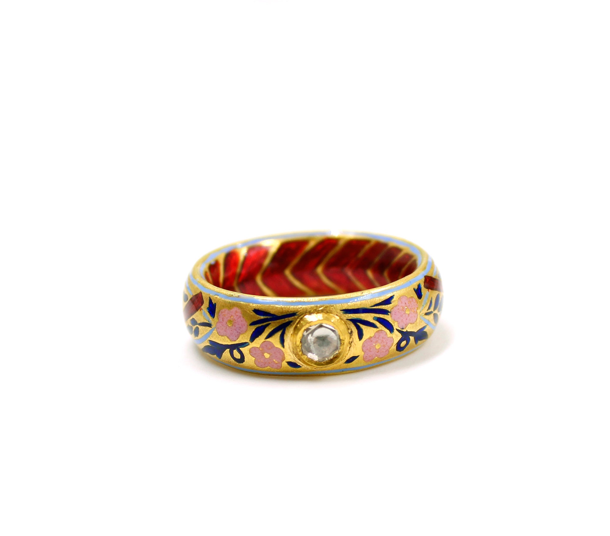 Solid Gold 22K Band Ring With Blue Tanzanite Enamel Hand Painted Ring ...