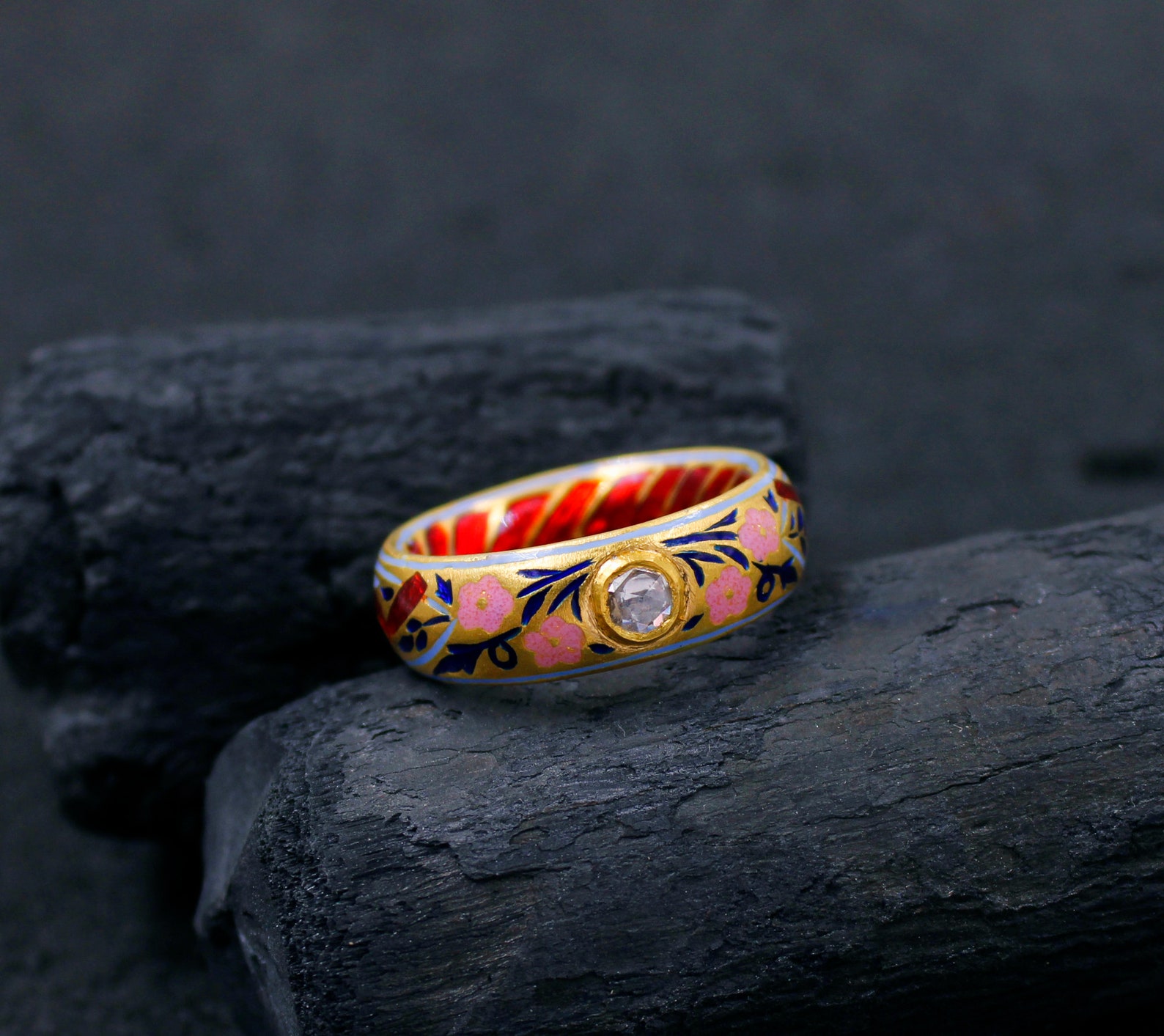 Solid Gold 22K Band Ring With Blue Tanzanite Enamel Hand Painted Ring ...