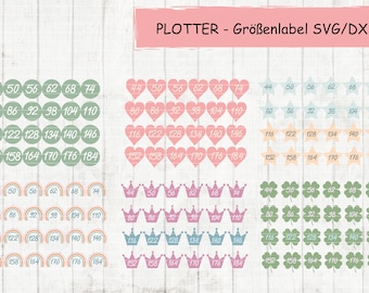 Plottervorlage Größenlabels mit verschiedenen Motiven SVG, DXF und JPG Sprache Deutsch