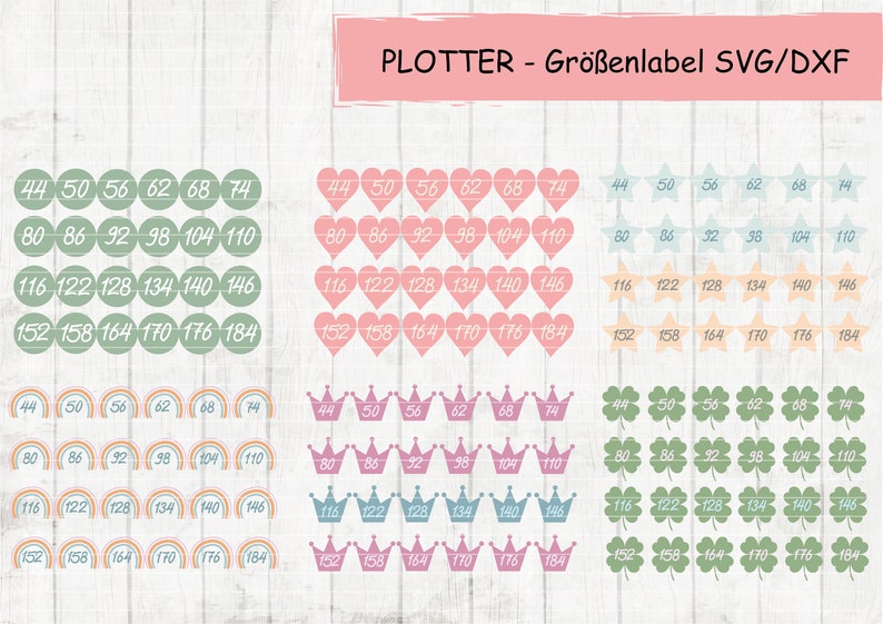 Plottervorlage Größenlabels mit verschiedenen Motiven SVG, DXF und JPG Sprache Deutsch image 1